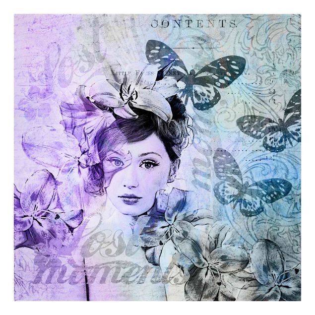 Wandbilder Kunstdrucke Shabby Chic Collage - Portrait mit Schmetterlingen