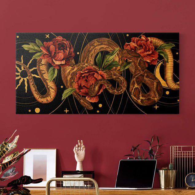 Leinwandbilder Blumen Schlangen mit Rosen vor Schwarz und Gold I