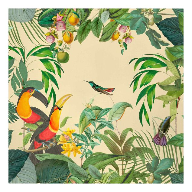 Wandbilder Floral Vintage Collage - Vögel im Dschungel
