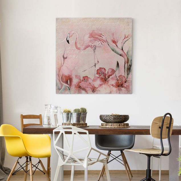 Leinwand Vögel Shabby Chic Collage - Flamingo