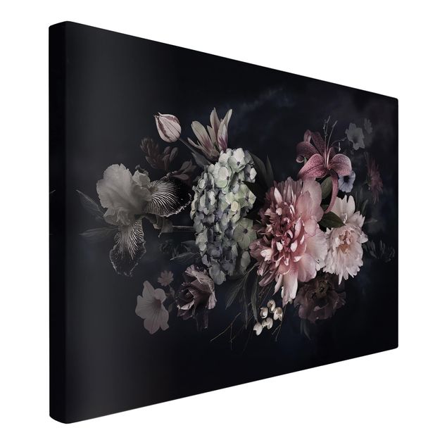 Wandbilder Floral Blumen mit Nebel auf Schwarz