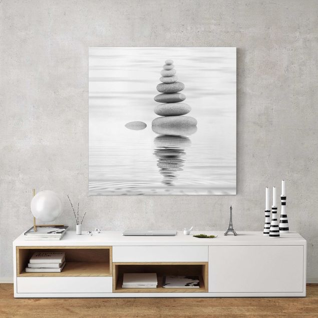 Leinwand Kunst Steinturm im Wasser Schwarz-Weiß