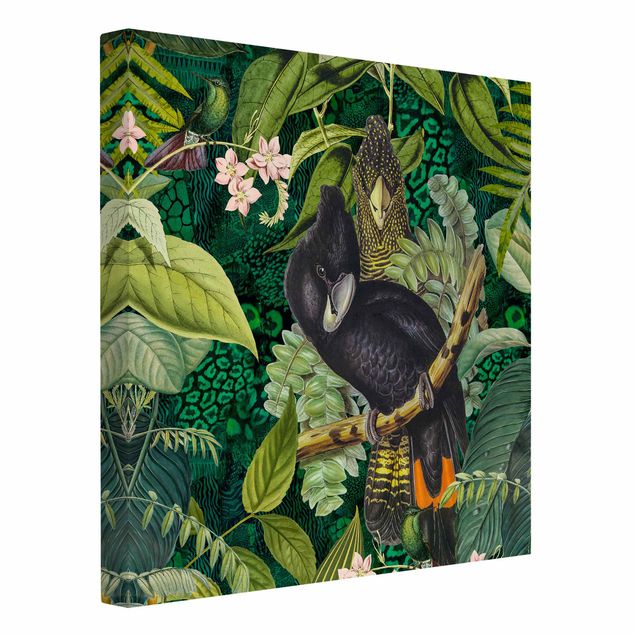 Blumenbilder auf Leinwand Bunte Collage - Kakadus im Dschungel
