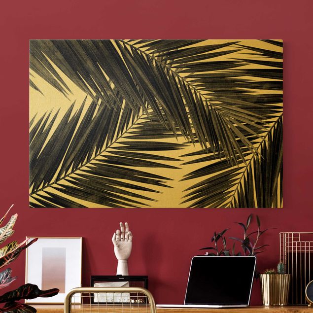 Wandbilder Landschaften Blick durch Palmenblätter Schwarz-Weiß