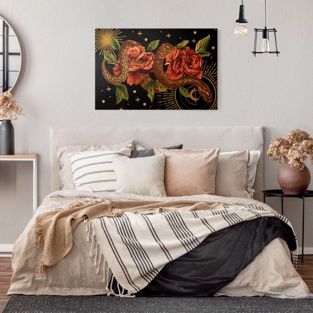 Wandbilder Floral Schlangen mit Rosen vor Schwarz und Gold II