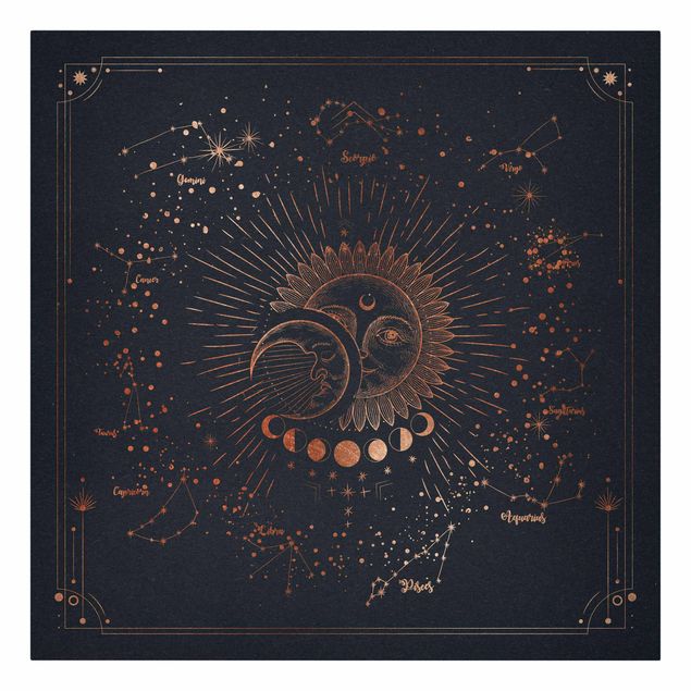 Wandbilder Modern Astrologie Sonne Mond und Sterne Blau Gold