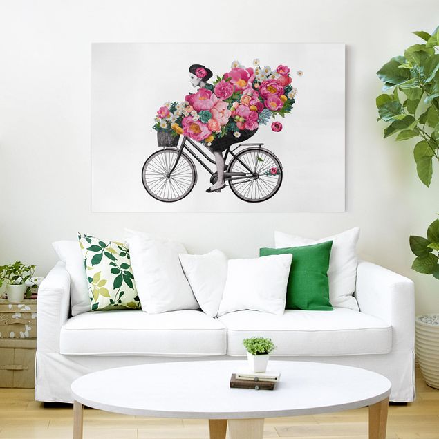 Küche Dekoration Illustration Frau auf Fahrrad Collage bunte Blumen