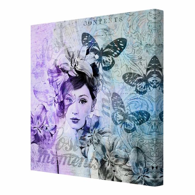 Leinwandbilder Vintage Shabby Chic Collage - Portrait mit Schmetterlingen