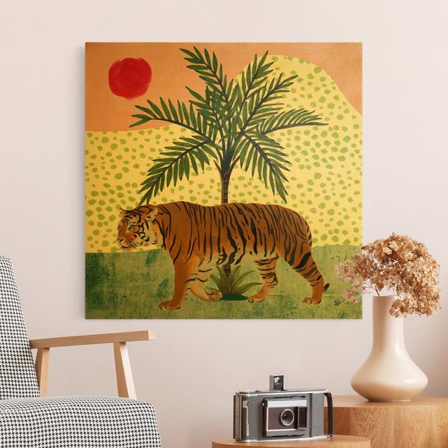 Wandbilder Floral Spazierender Tiger im Morgenrot
