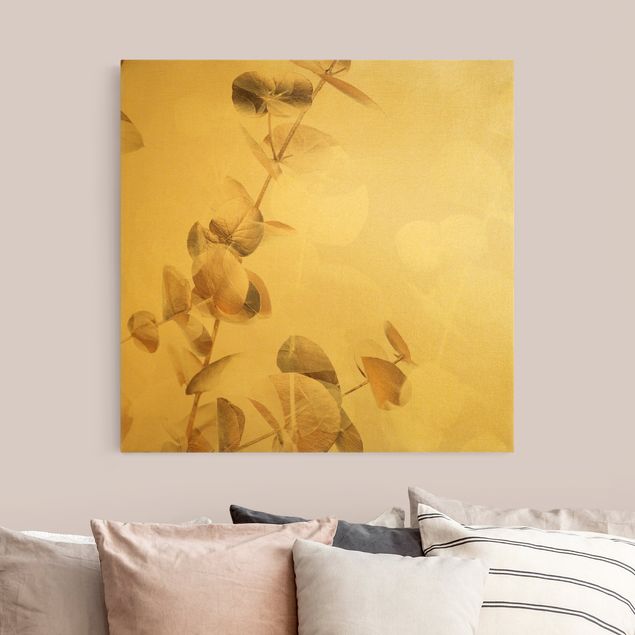 Wandbilder Blumen Goldene Eukalyptuszweige mit Weiß I