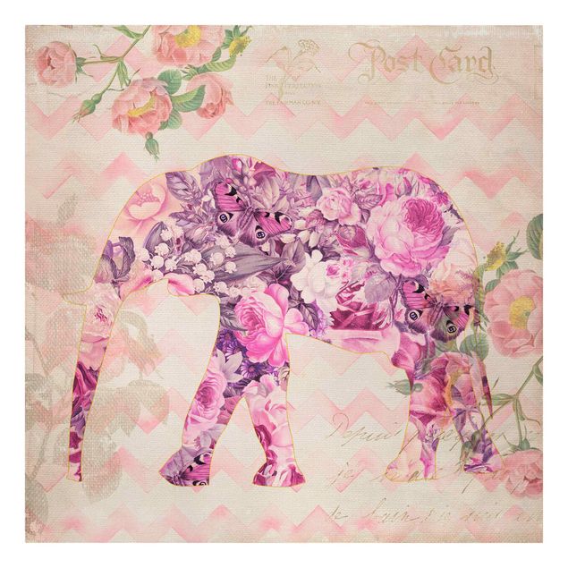 Schmetterlinge Leinwand Vintage Collage - Rosa Blüten Elefant