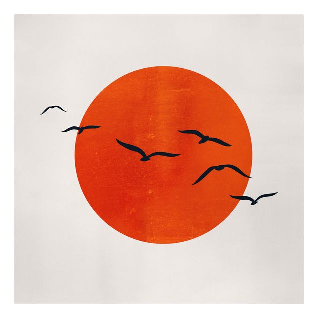 Kunstdruck Leinwand Vogelschwarm vor roter Sonne I