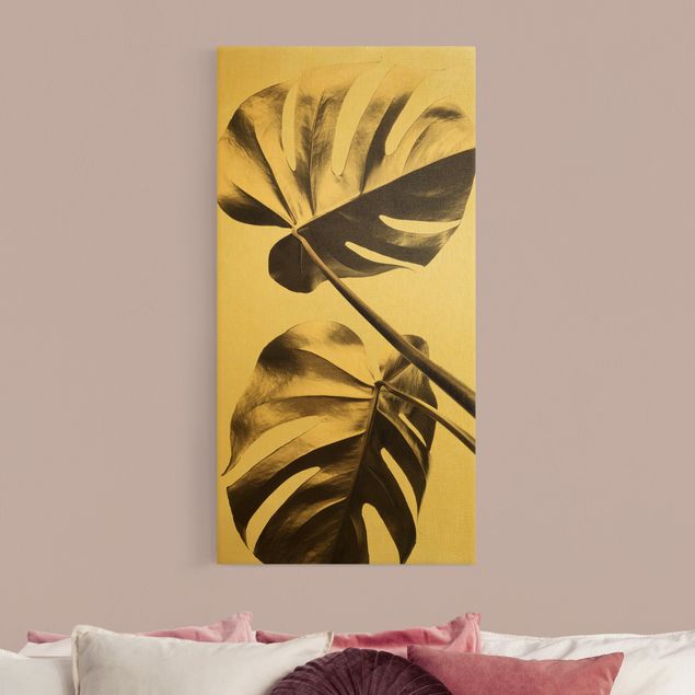 Wandbilder Blumen Goldene Monsterablätter