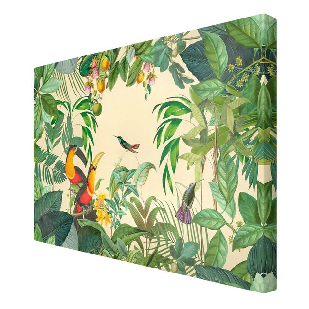 Wandbilder Blumen Vintage Collage - Vögel im Dschungel