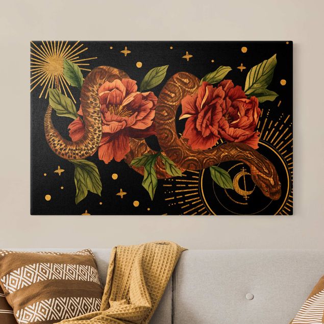 Blumenbilder auf Leinwand Schlangen mit Rosen vor Schwarz und Gold II