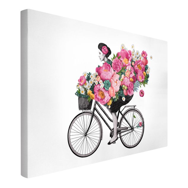 Wandbilder Floral Illustration Frau auf Fahrrad Collage bunte Blumen