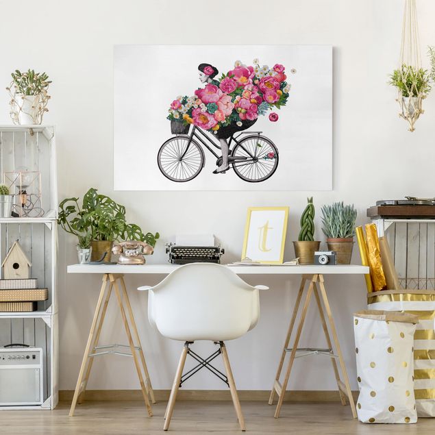 Leinwandbilder Blumen Illustration Frau auf Fahrrad Collage bunte Blumen