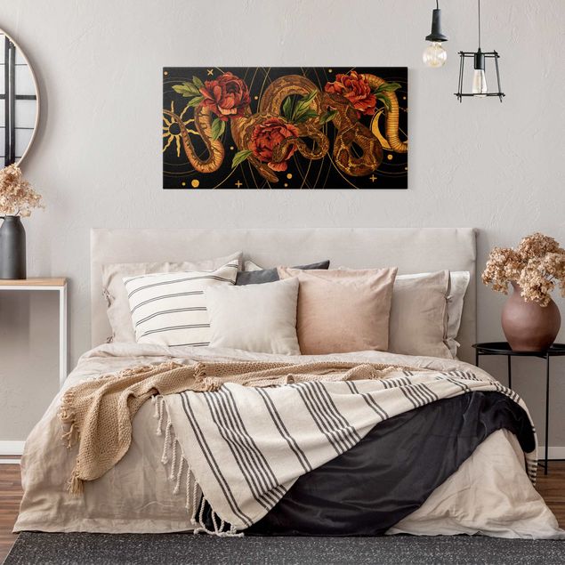 Wandbilder Blumen Schlangen mit Rosen vor Schwarz und Gold I