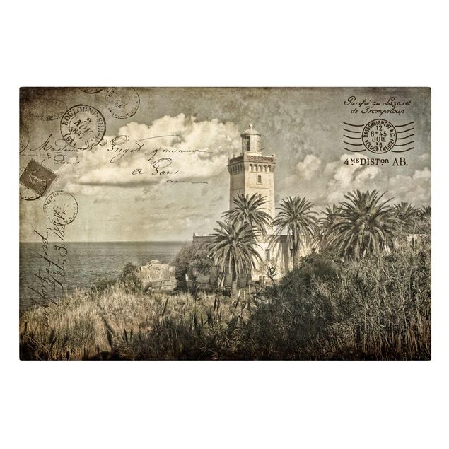 Wandbilder Kunstdrucke Leuchtturm und Palmen - Vintage Postkarte