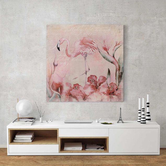Leinwand Blumen Shabby Chic Collage - Flamingo