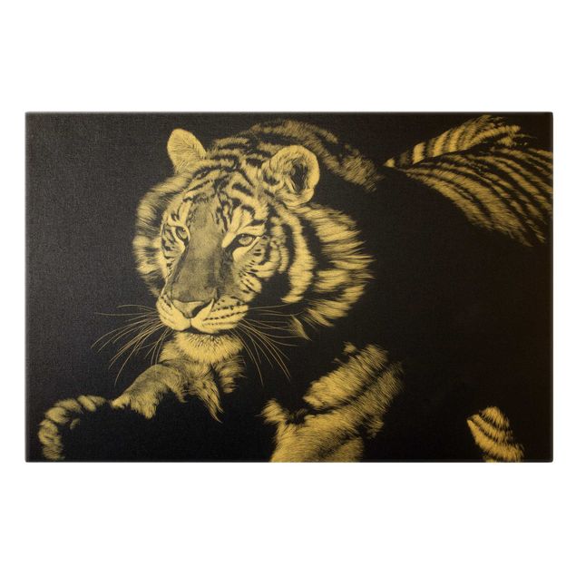 schwarz-weiß Bilder auf Leinwand Tiger im Sonnenlicht vor Schwarz