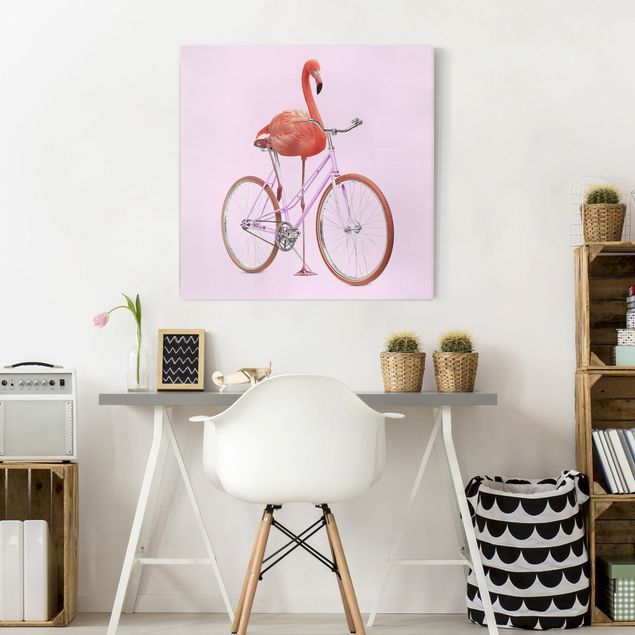 Kunstdruck Leinwand Flamingo mit Fahrrad