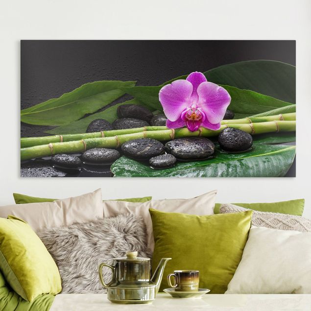 Wandbilder Orchideen Grüner Bambus mit Orchideenblüte