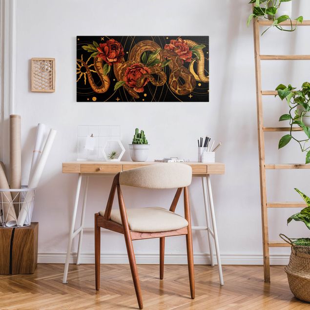 Wandbilder Floral Schlangen mit Rosen vor Schwarz und Gold I