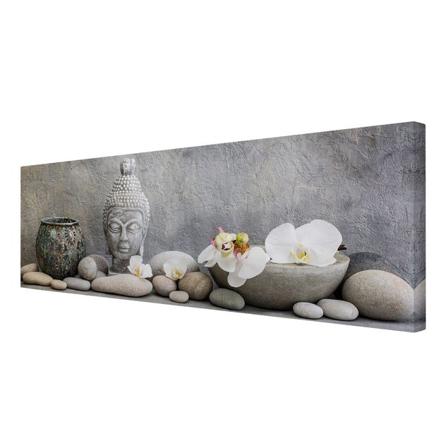 Wandbilder Kunstdrucke Zen Buddha mit weißen Orchideen