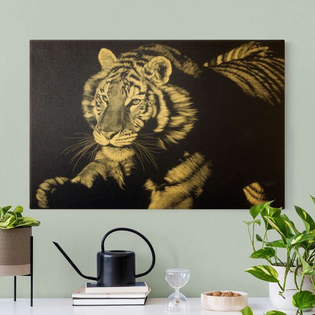 Tiger Bilder auf Leinwand Tiger im Sonnenlicht vor Schwarz