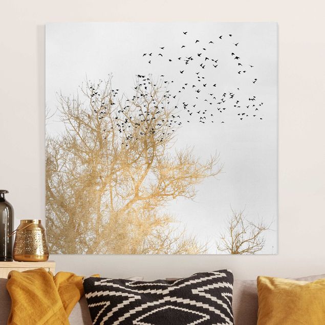 Wanddeko Küche Vogelschwarm vor goldenem Baum
