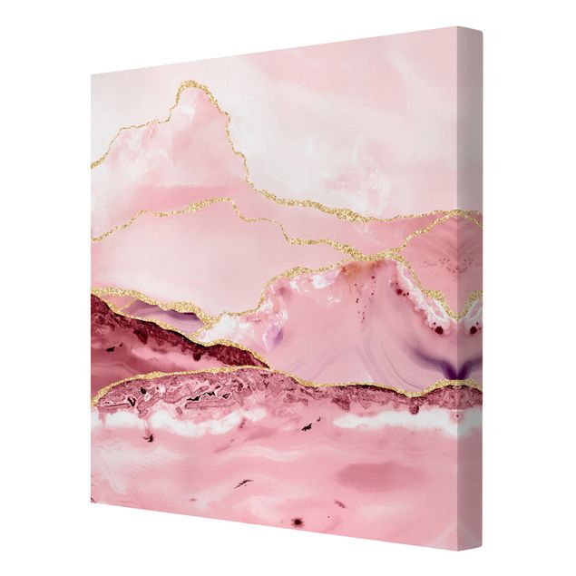 Leinwandbilder Muster Abstrakte Berge Rosa mit Goldenen Linien