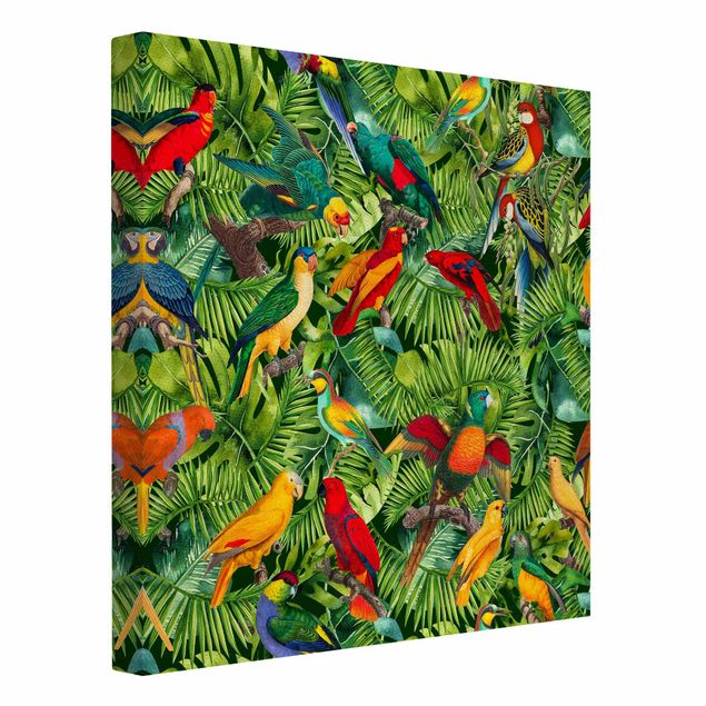 Blumenbilder auf Leinwand Bunte Collage - Papageien im Dschungel