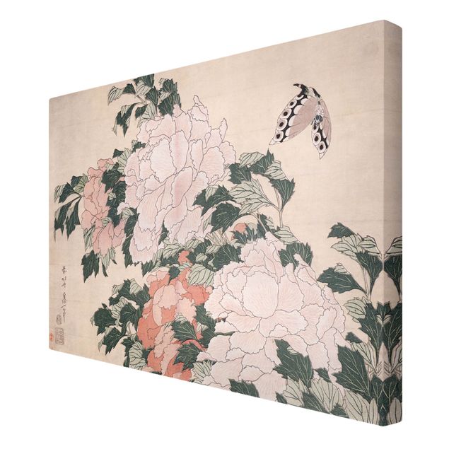 Leinwand Blumen Katsushika Hokusai - Rosa Pfingstrosen mit Schmetterling