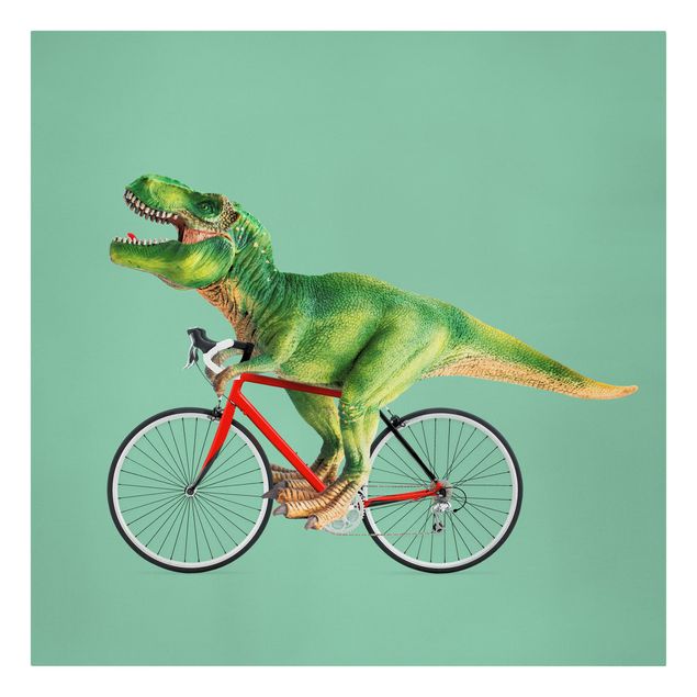 Leinwand Tiere Dinosaurier mit Fahrrad