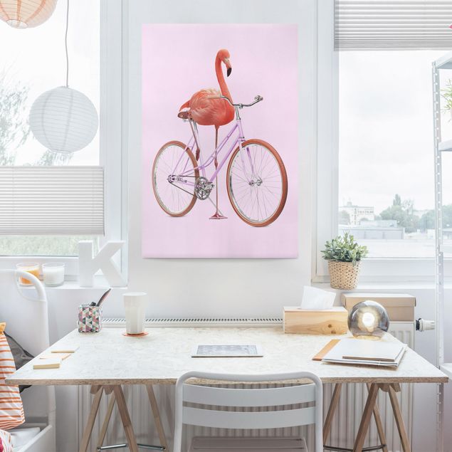 Kunstdruck Leinwand Flamingo mit Fahrrad
