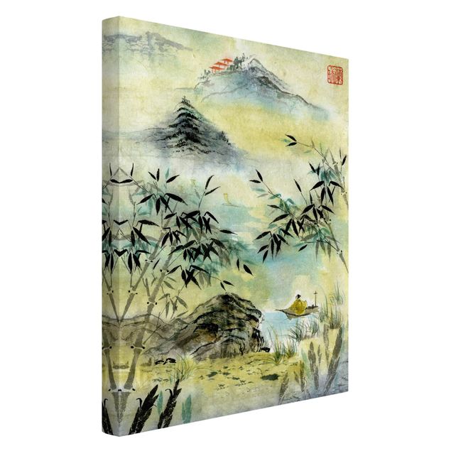 Leinwandbild Berge Japanische Aquarell Zeichnung Bambuswald