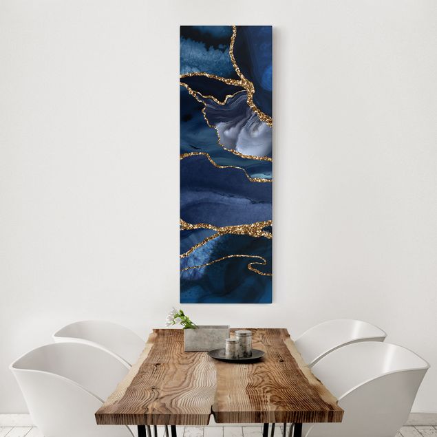 Wandbilder Kunstdrucke Goldene Glitzer Wellen vor Blau