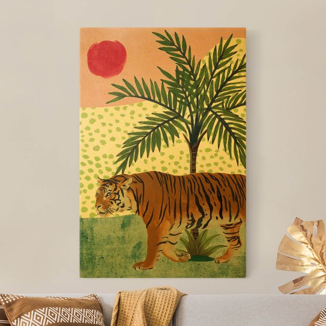 Wandbilder Floral Spazierender Tiger im Morgenrot