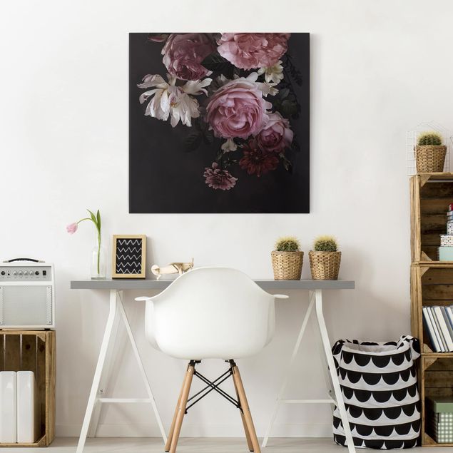 Leinwandbilder Blumen Rosa Blumen auf Schwarz