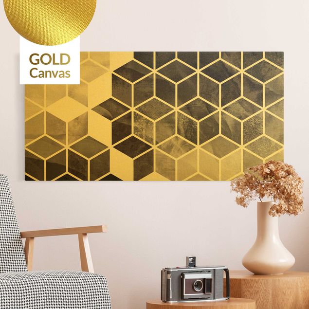 Kunstdruck Leinwand Goldene Geometrie - Schwarz Weiß