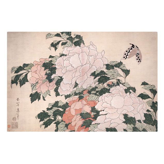 Kunststile Katsushika Hokusai - Rosa Pfingstrosen mit Schmetterling