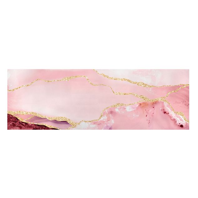 Leinwand Kunst Abstrakte Berge Rosa mit Goldenen Linien