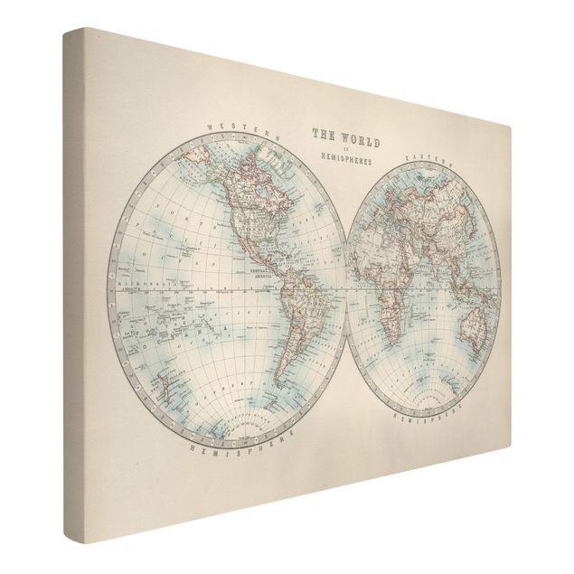 Leinwand mit Spruch Vintage Weltkarte Die zwei Hemispheren