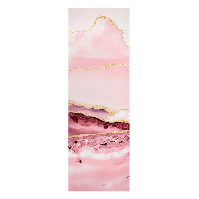 Kunstdruck Leinwand Abstrakte Berge Rosa mit Goldenen Linien