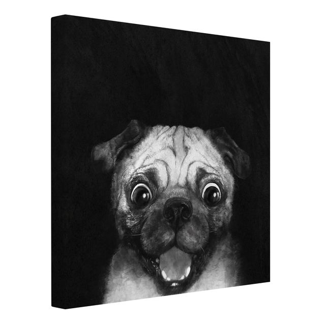 Leinwand Kunst Illustration Hund Mops Malerei auf Schwarz Weiß