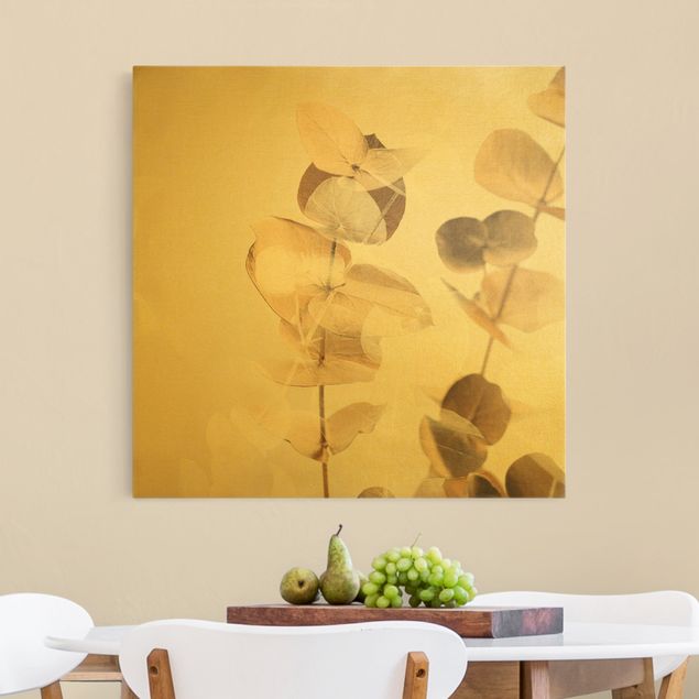 Wandbilder Blumen Goldene Eukalyptuszweige mit Weiß II