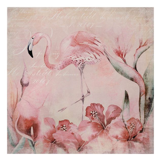 Wandbilder Blumen Shabby Chic Collage - Flamingo
