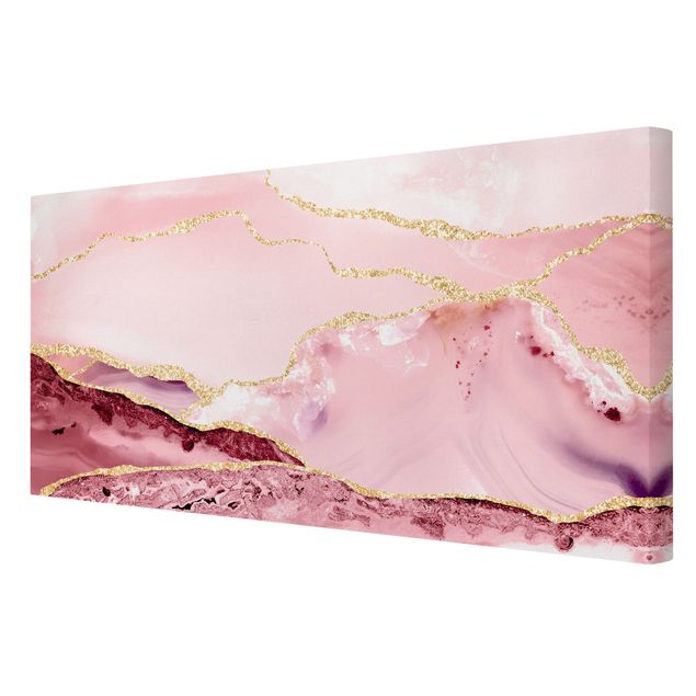 Leinwandbilder Muster Abstrakte Berge Rosa mit Goldenen Linien