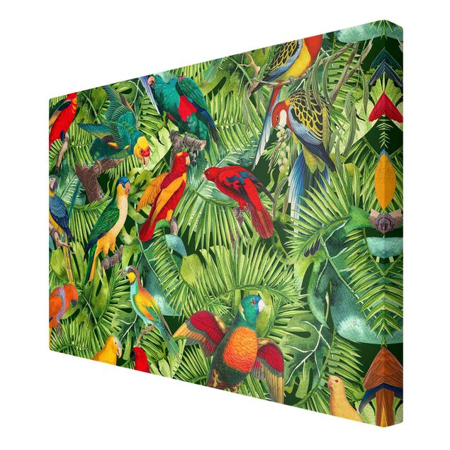 Wandbilder Blumen Bunte Collage - Papageien im Dschungel
